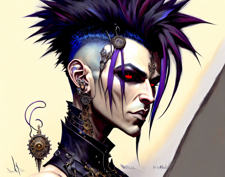 Person with Punk Hairstyle, Piercings, Dark Makeup, and Red Eyes in Futuristic Gothic