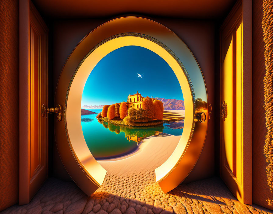 Surreal circular door opens to serene lakescape