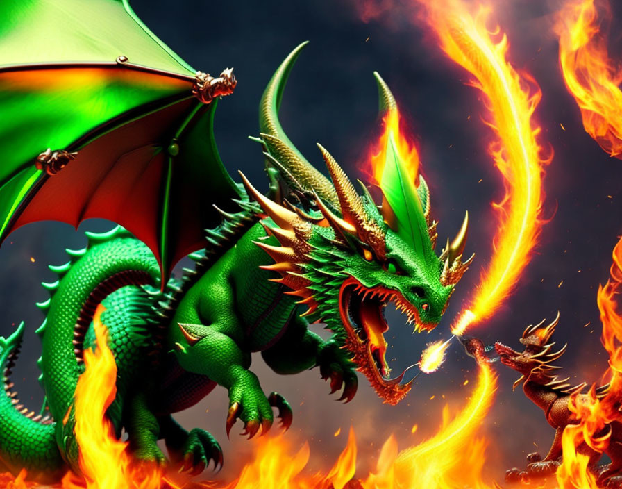 Two dragons in fiery battle scene with green dragon breathing fire.