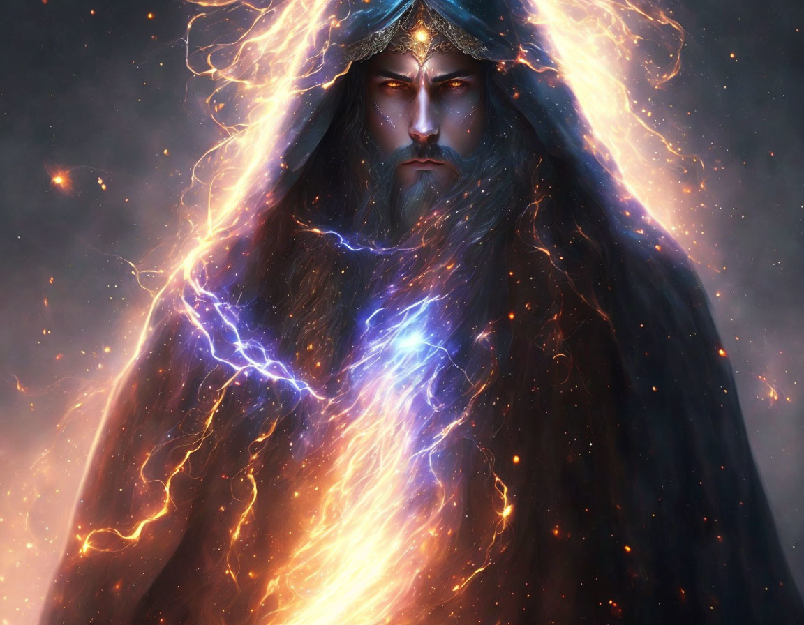 Bearded figure with crown surrounded by lightning and embers