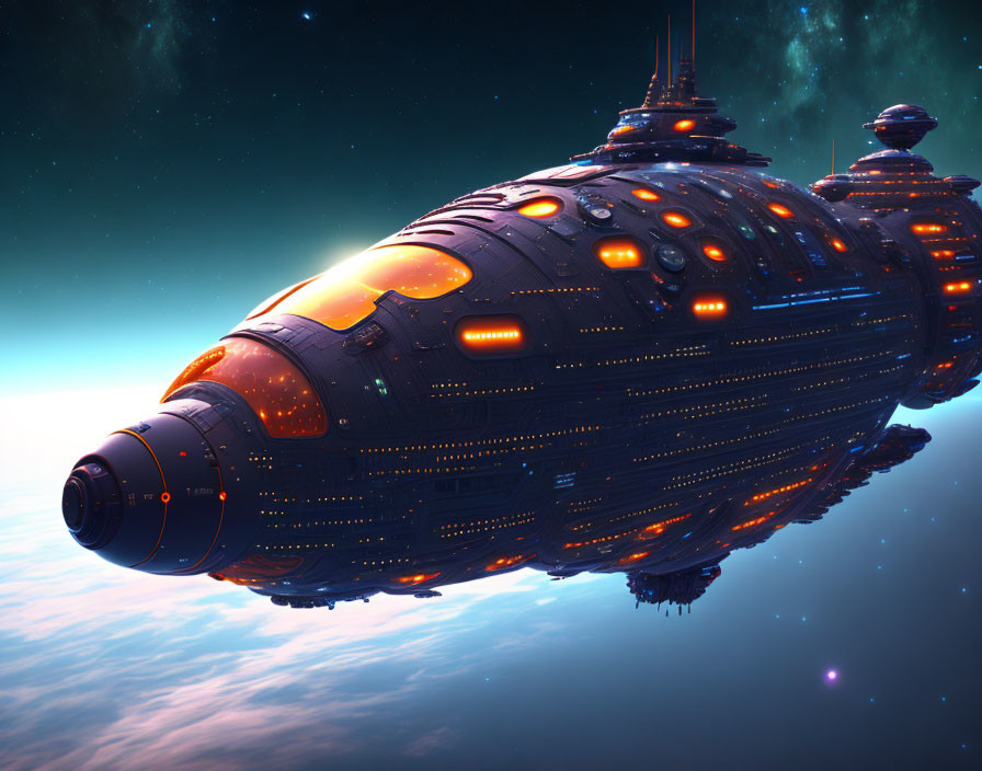 Detailed Spaceship with Glowing Orange Lights in Starry Space