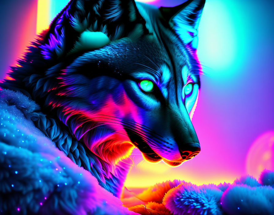 Colorful digital artwork: Wolf with green eyes, neon blue & pink.