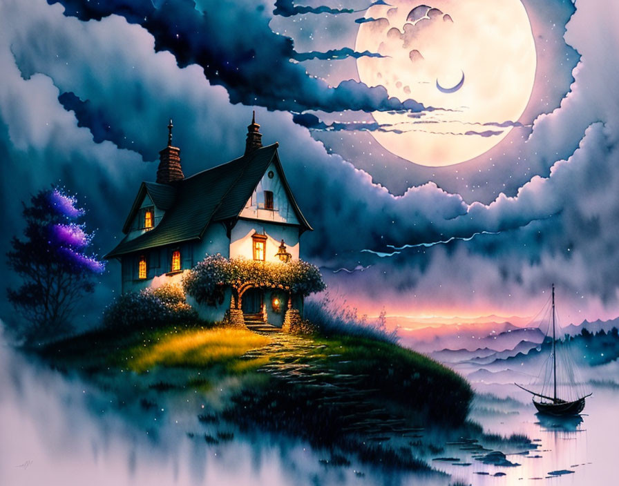 Cozy cottage on hill under glowing moon, boat on misty waters under starry sky