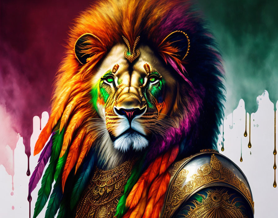 Colorful digital art of majestic lion in intricate armor, set against vibrant backdrop.