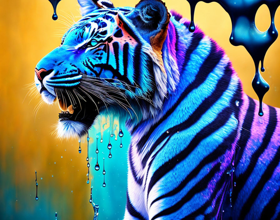 Colorful Tiger Artwork with Blue Stripes and Neon Paint on Yellow Background