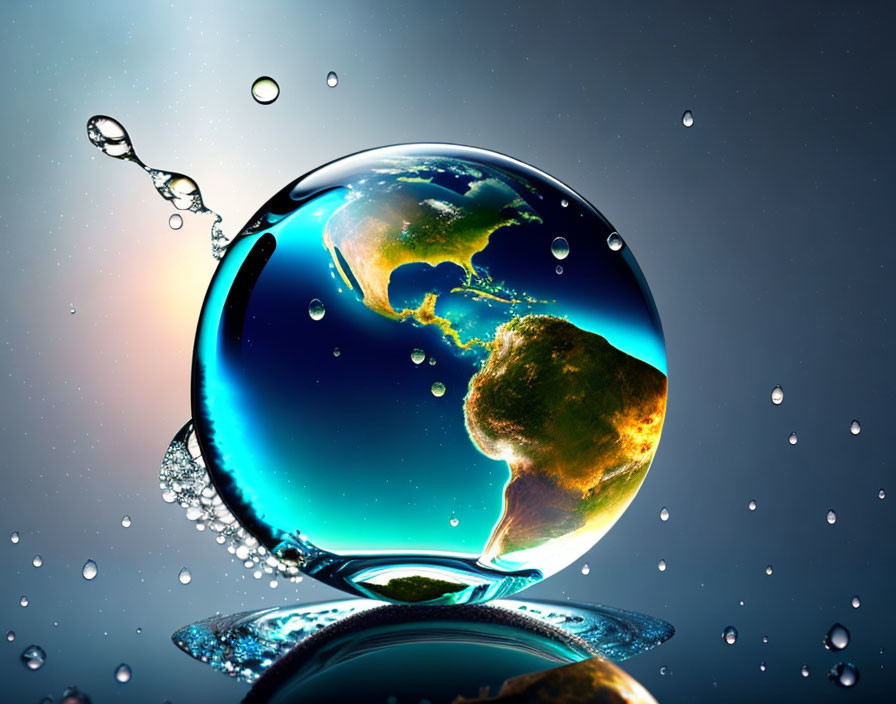 Crystal globe with Earth map on watery surface amid droplets and splashes