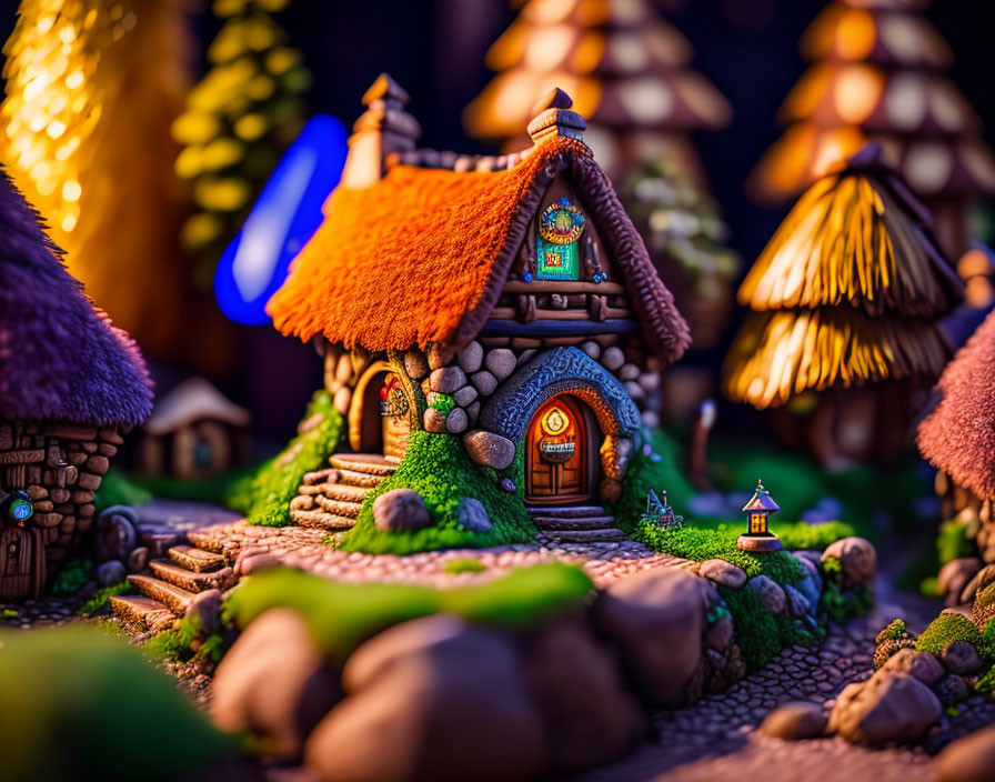 Miniature village scene at dusk with charming cottage and mushroom-shaped houses