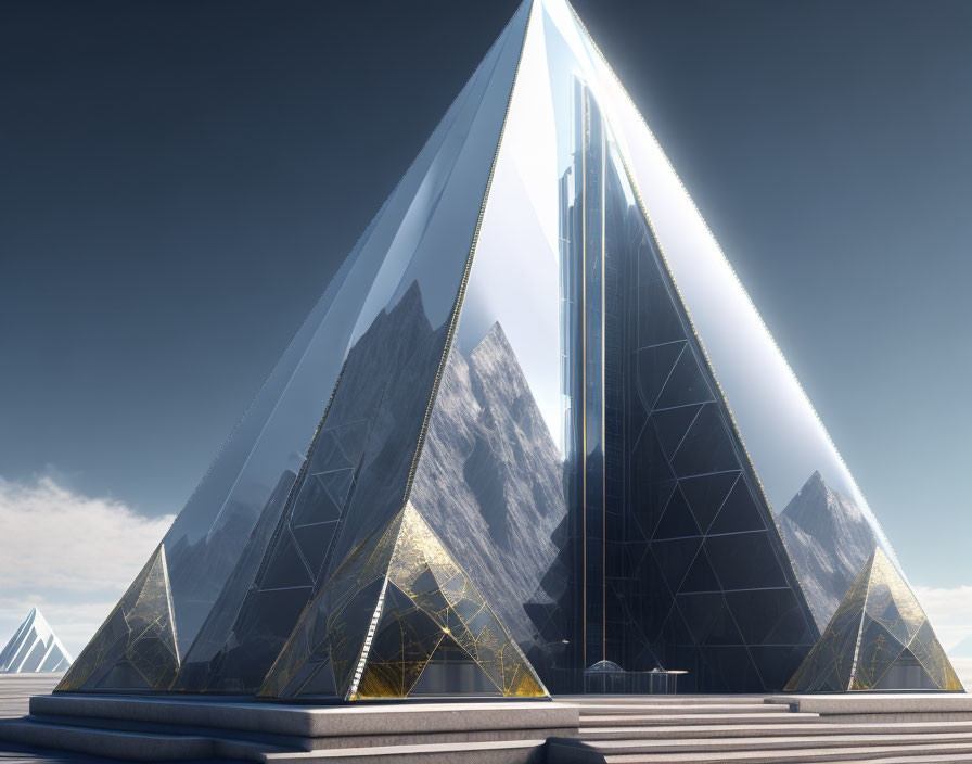 Glass facade pyramid skyscraper reflects mountainous landscape