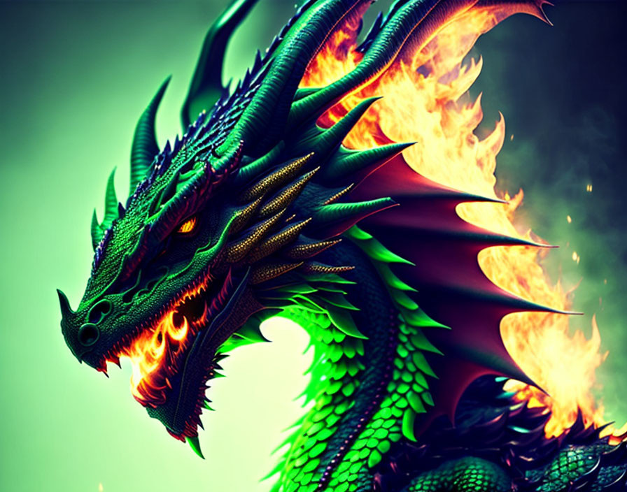 Vibrant green dragon with flames on moody background