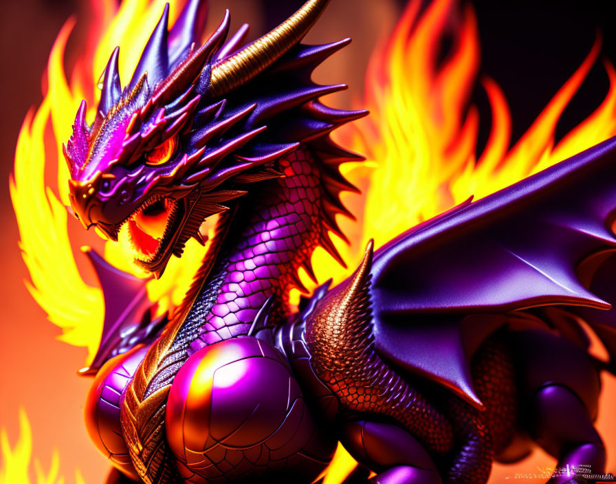 Vivid digital artwork: fierce dragon with purple scales & flames on warm backdrop