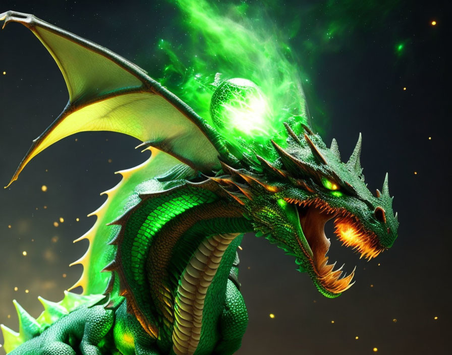 Green Dragon Breathing Flames in Starry Night Sky