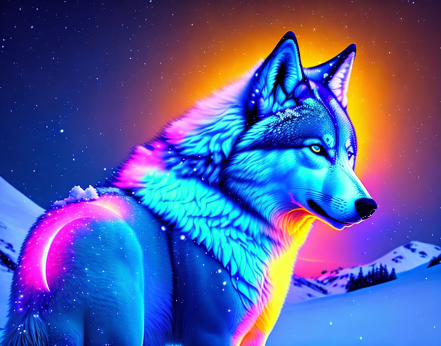 Neon wolf digital art against starlit night sky