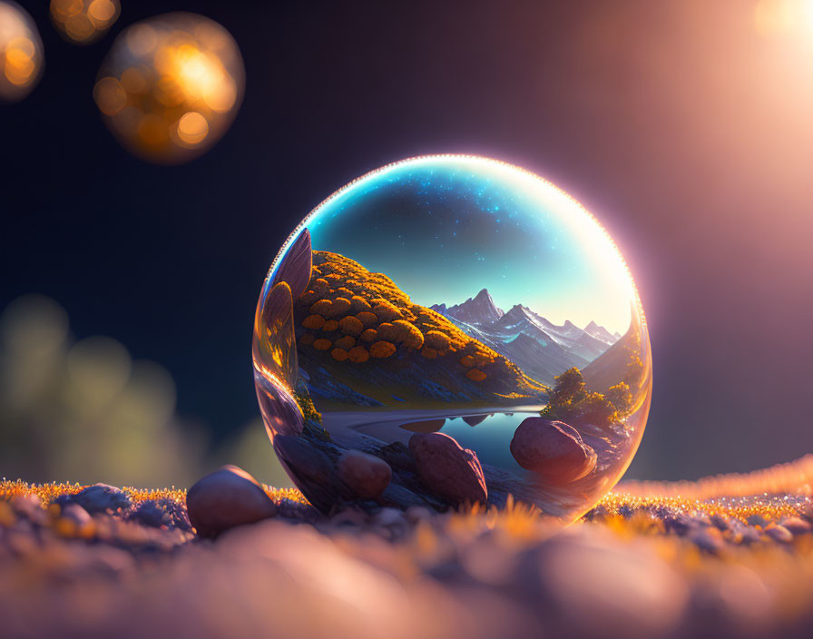 Crystal ball on pebbles mirrors mountain landscape under twilight sky with bokeh lights.