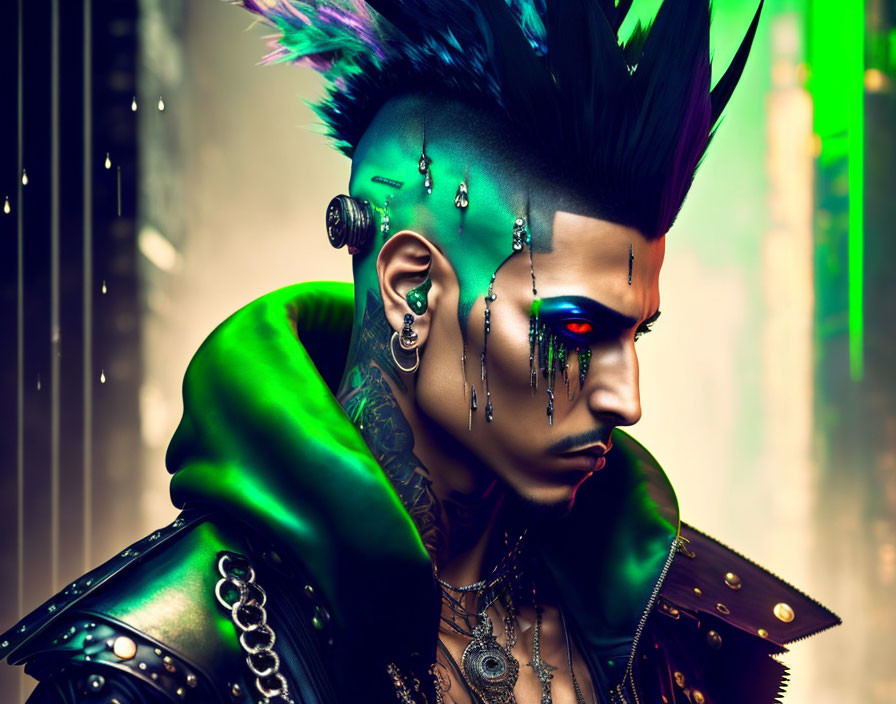 Colorful punk with mohawk and piercings in studded jacket on neon backdrop