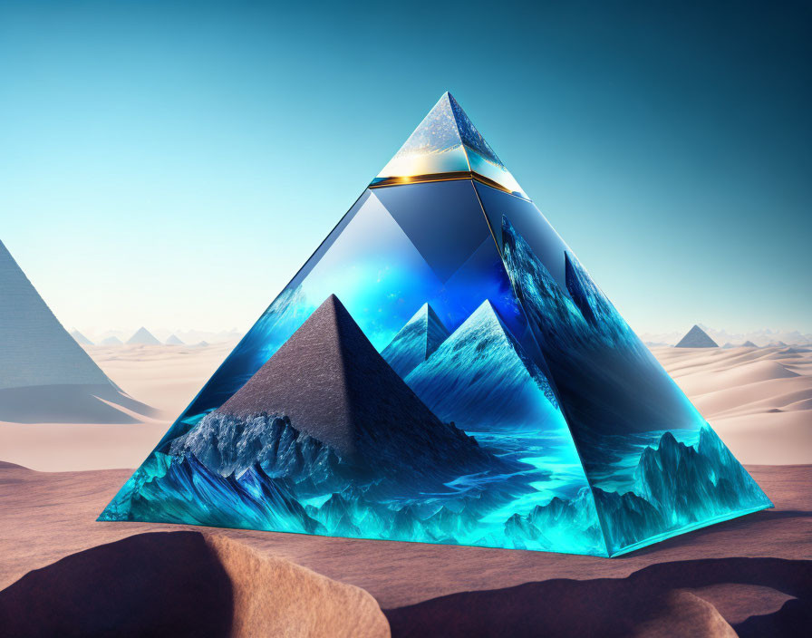 Crystal-clear ice pyramid glowing in desert landscape