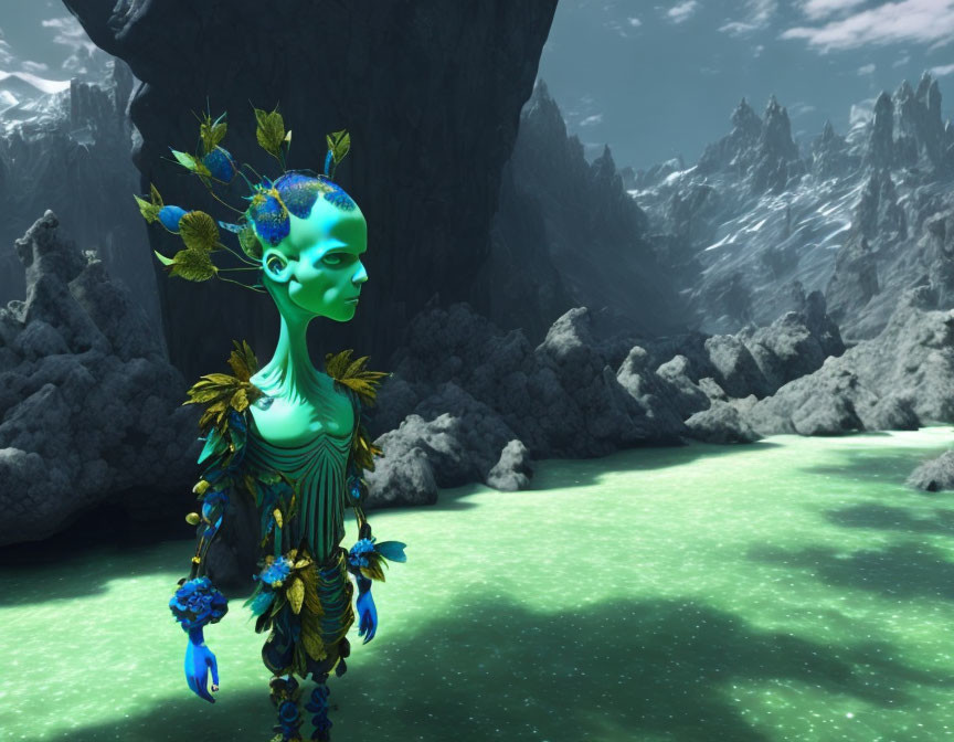 Green-skinned alien with blue patterns in luminous landscape