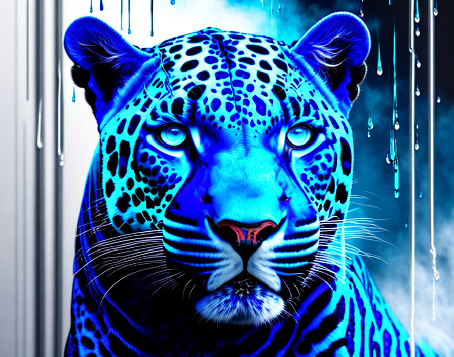 Digitally altered leopard with vibrant blue fur and neon blue drips.