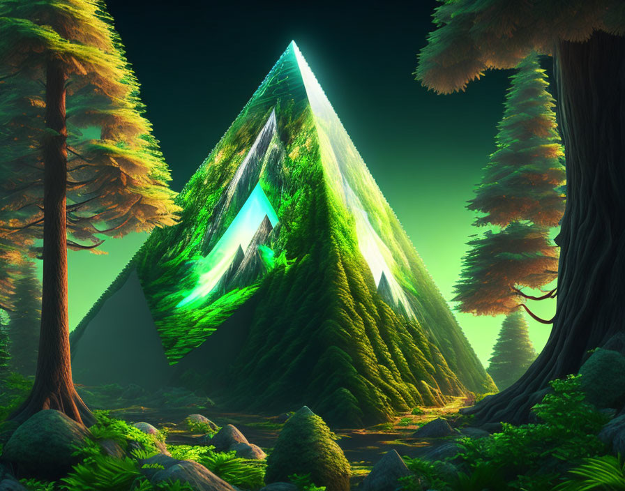 Vibrant green crystal-shaped mountain in enchanting forest