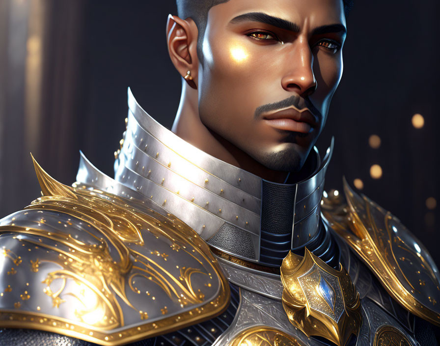 Man in Golden Armor with Glowing Eyes: Digital Art Portrait