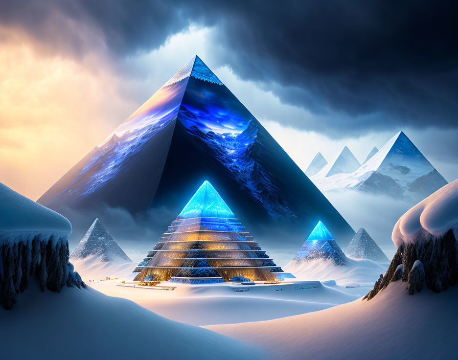 Snow-covered pyramids with blue lights in surreal landscape.