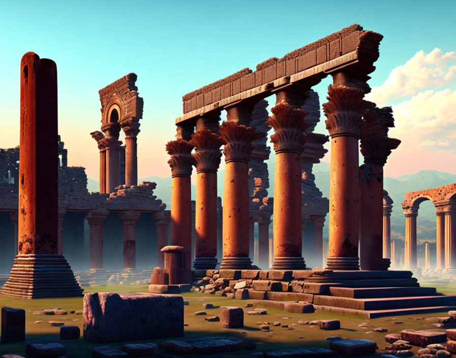 Corinthian Columns Among Ancient Ruins at Sunset