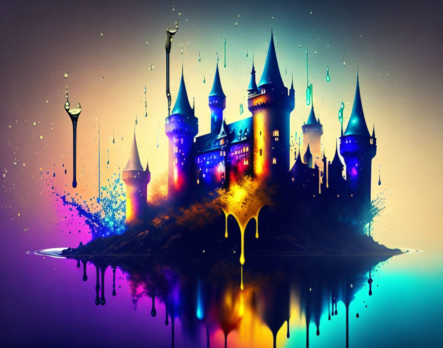 Fantasy castle illustration with vibrant colors and dripping paint effects