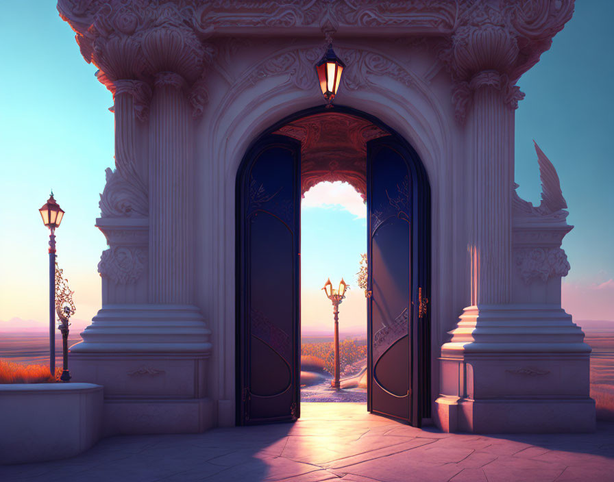 Ornate Doors Frame Sunset View with Columns and Lamp Post