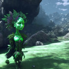 Green-skinned alien with blue patterns in luminous landscape