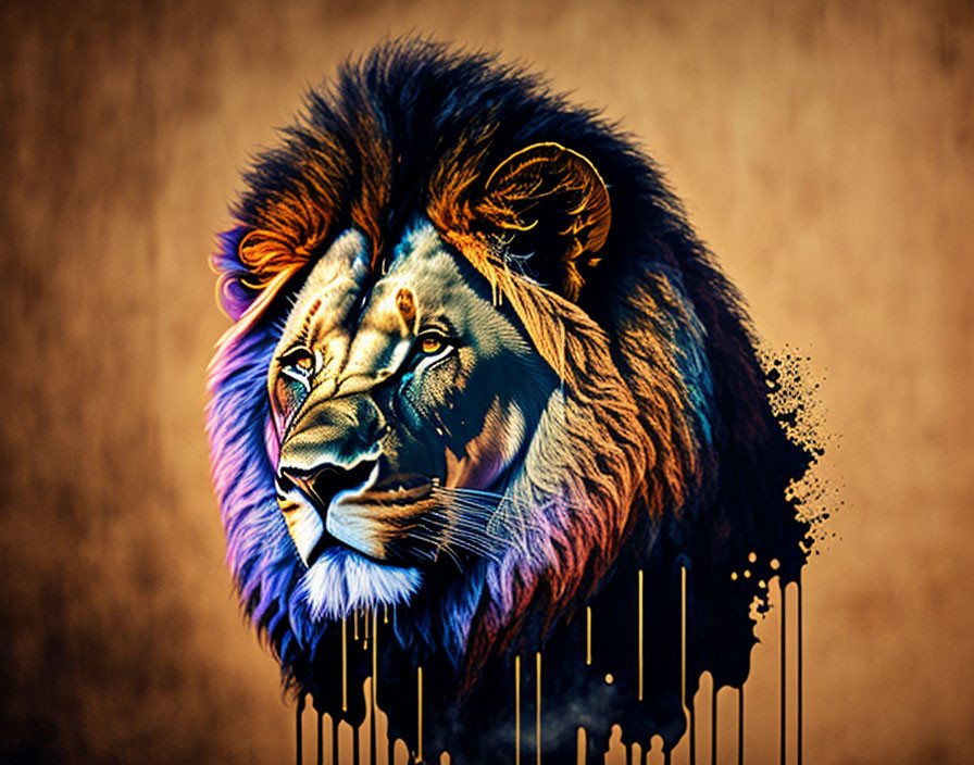 Colorful digital artwork of a lion with melting mane on textured background