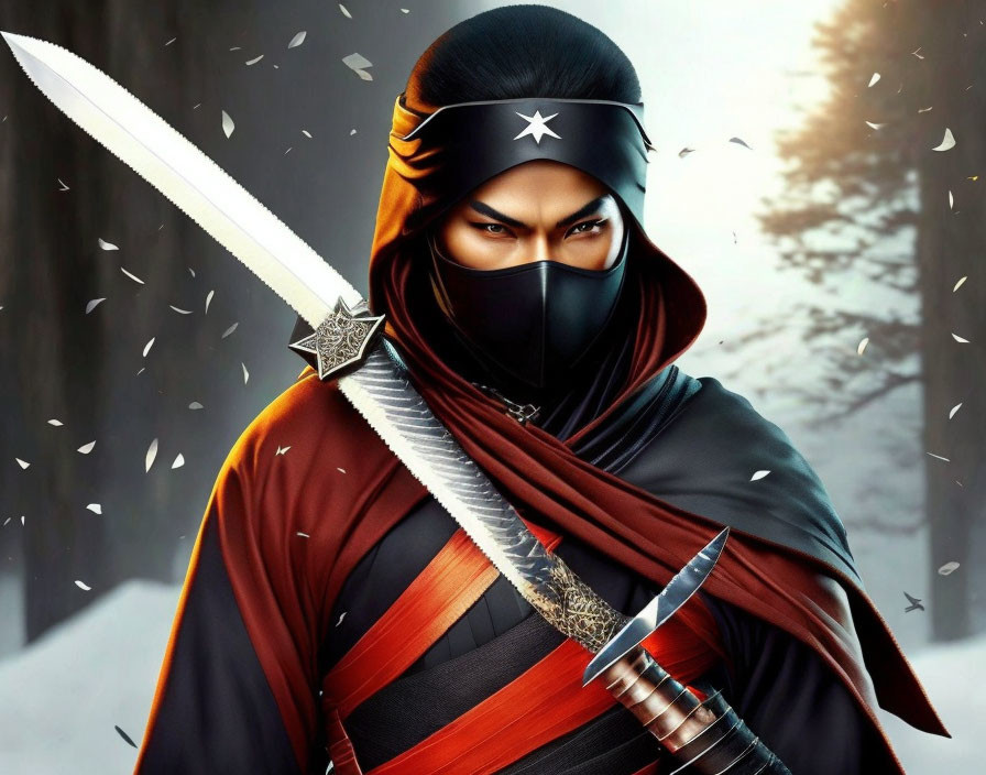 Digital artwork: Red and black ninja with sword in snowy forest