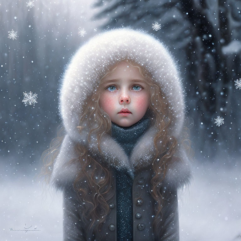 Young girl with blue eyes in winter coat gazing in snowfall