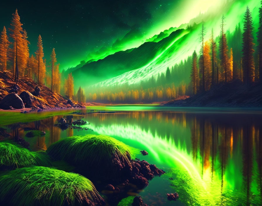 Majestic aurora borealis over serene forest landscape