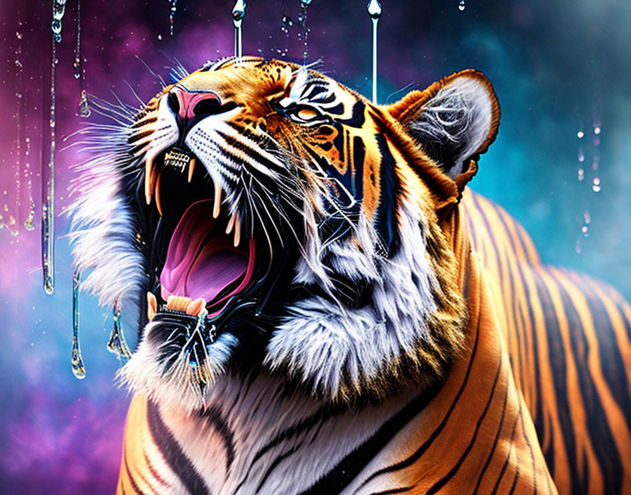 Majestic roaring tiger with orange and black stripes in colorful background