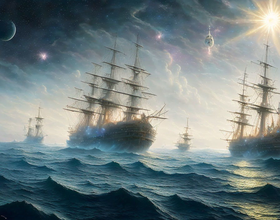 Tall ships with glowing lights on turbulent ocean under starry sky