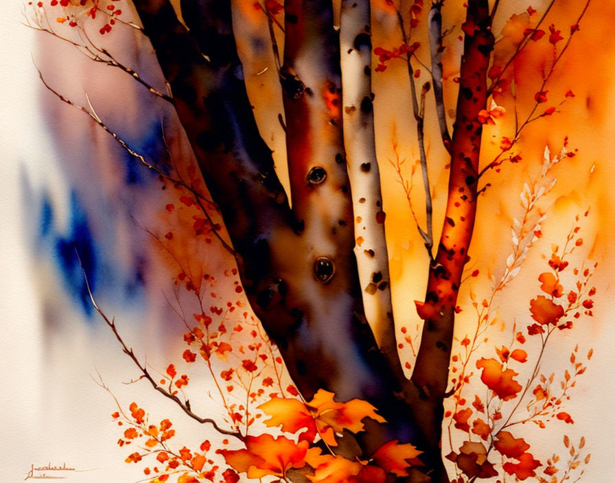 Colorful Watercolor Painting of Autumn Trees & Blurred Forest Background