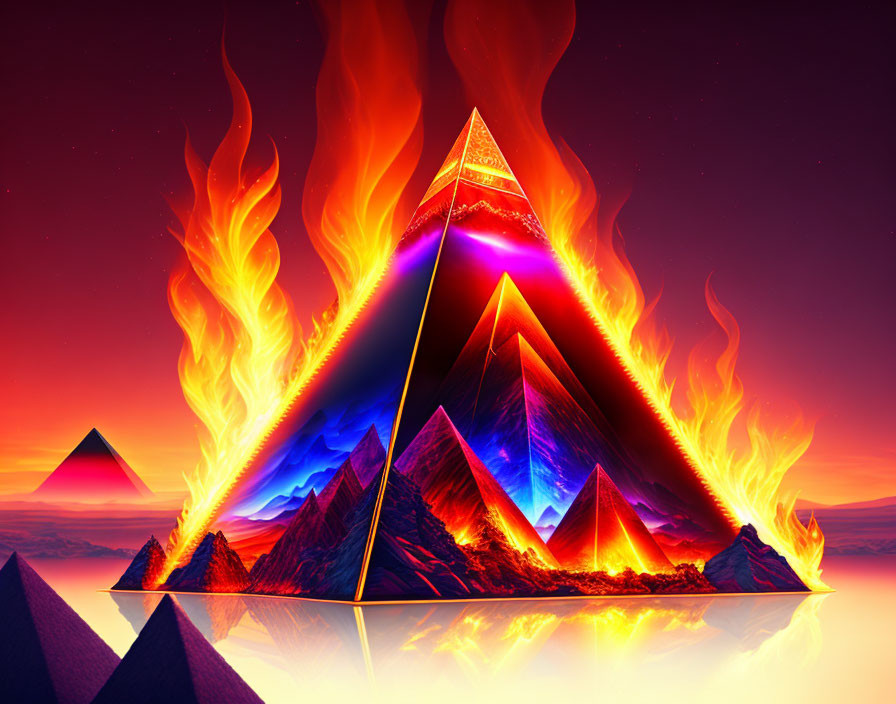 Luminous fiery pyramid in sunset digital art piece