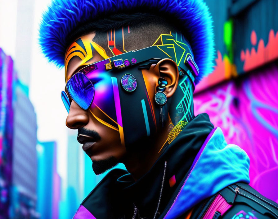 Futuristic cyberpunk digital art with neon colors and urban background