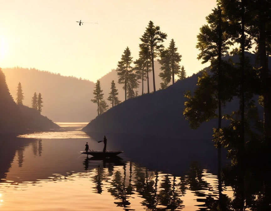 Tranquil river sunset with two people in boat