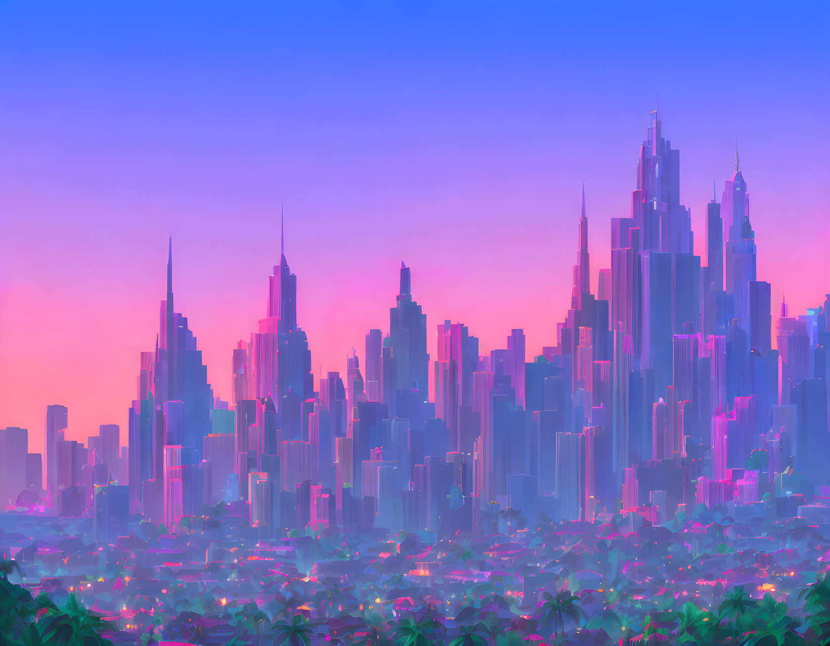 Futuristic city skyline digital artwork with pink and blue hues at dusk