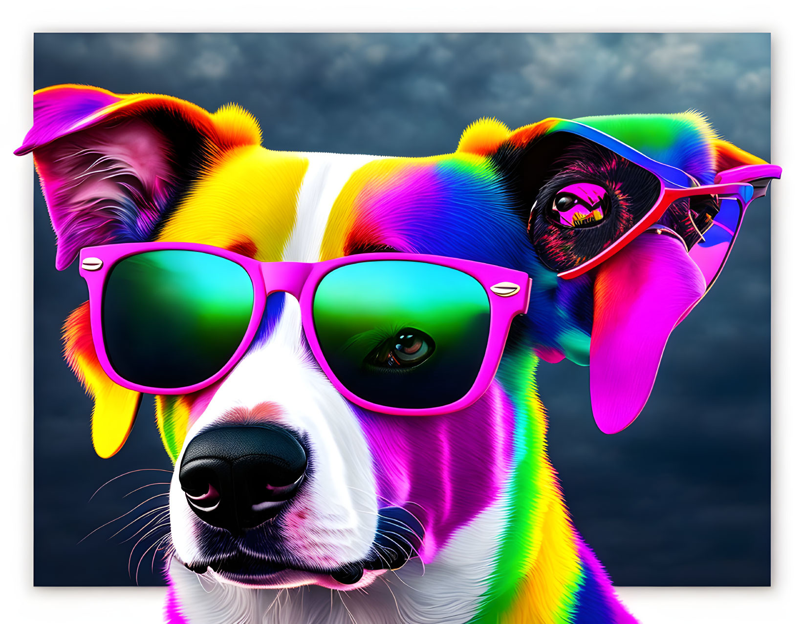 Colorful Digital Artwork: Rainbow Dog with Pink Sunglasses on Stormy Sky