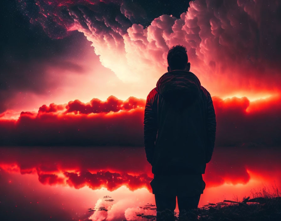 Vivid sky and clouds reflected in surreal red and purple water scene