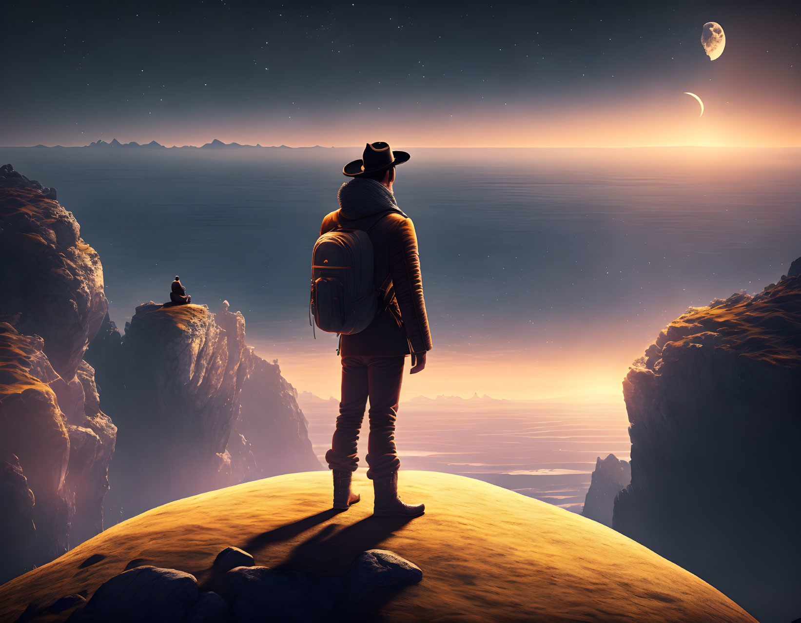 Traveler in hat gazes at starry sky from cliff edge