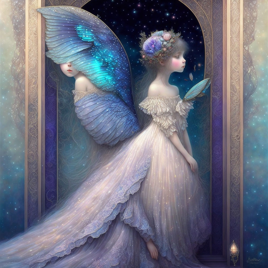 Ethereal beings with butterfly wings in mirror reflection on starry backdrop