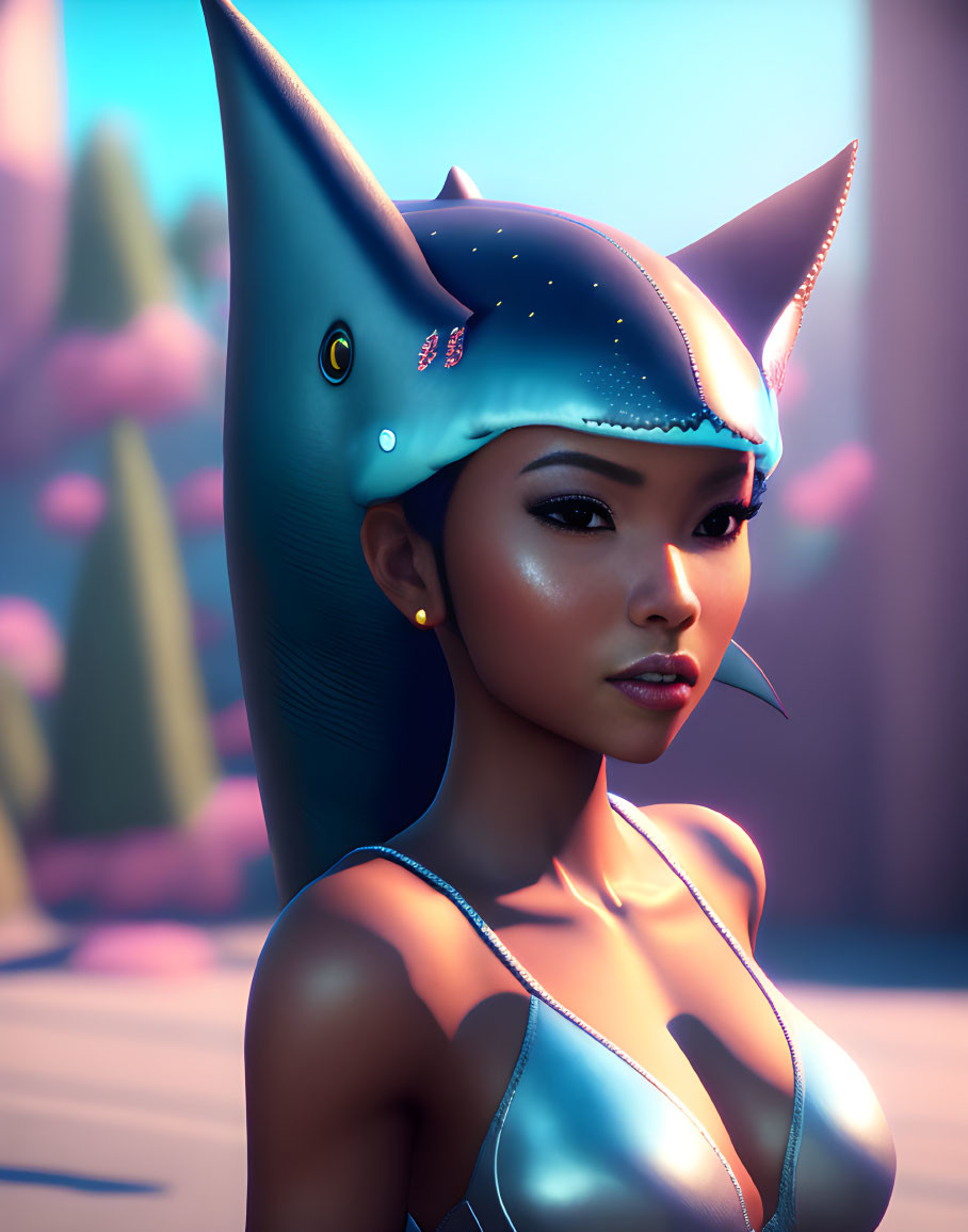 Surreal female character with shark-themed headpiece in pink landscape