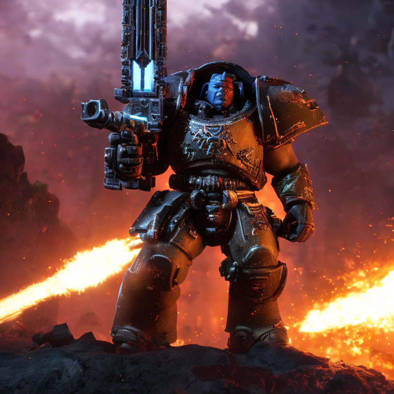 Space Marine in Power Armor with Gun in Fiery Landscape