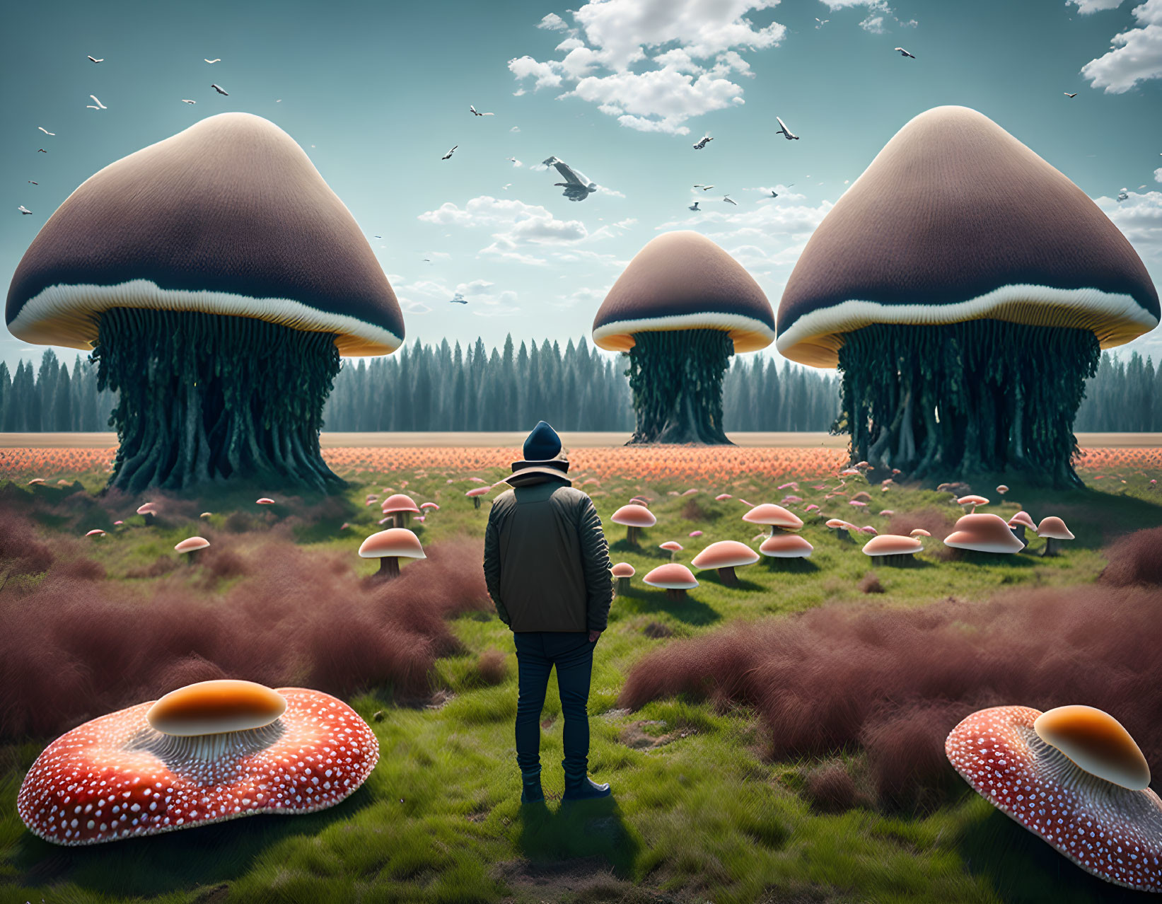 Person in Surreal Landscape with Oversized Mushrooms and Trees