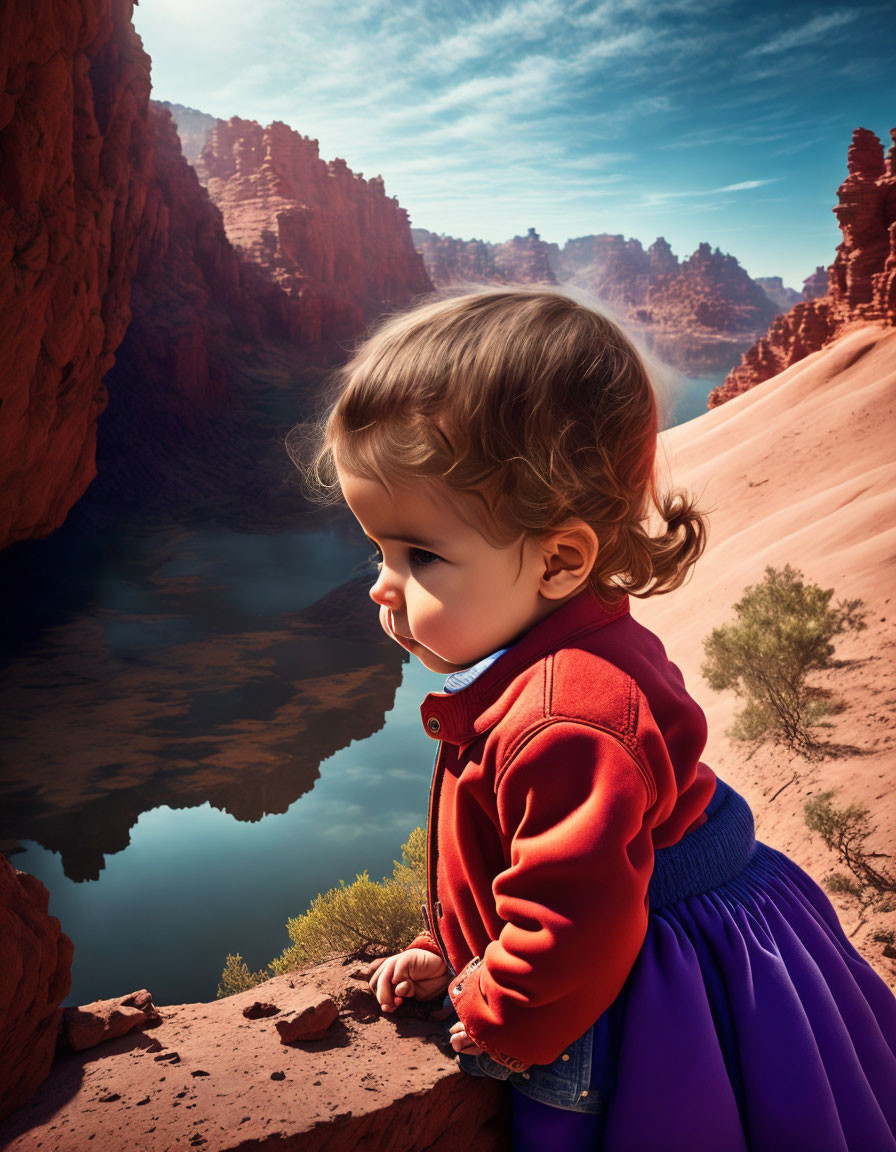 Toddler in red jacket and blue skirt by canyon river under blue sky