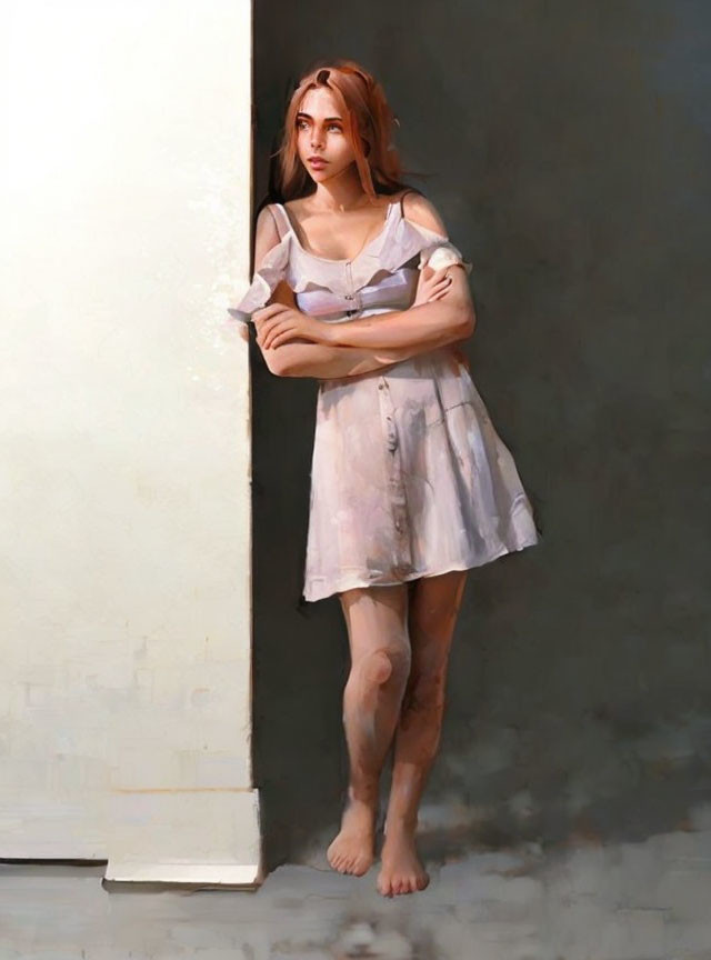 Woman in white dress leaning against wall with crossed arms