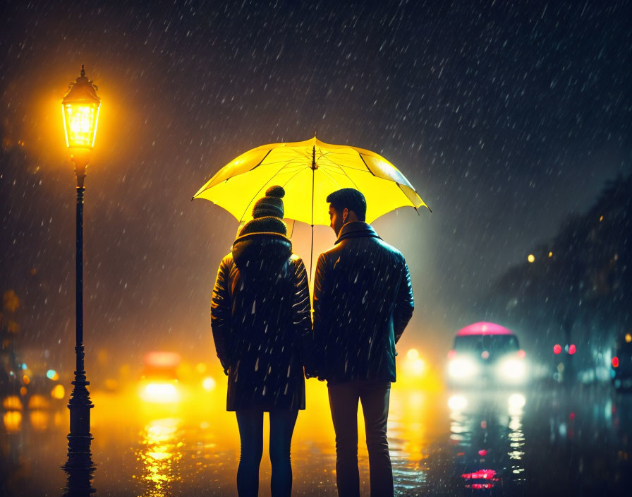 Couple under yellow umbrella in rainy night cityscape