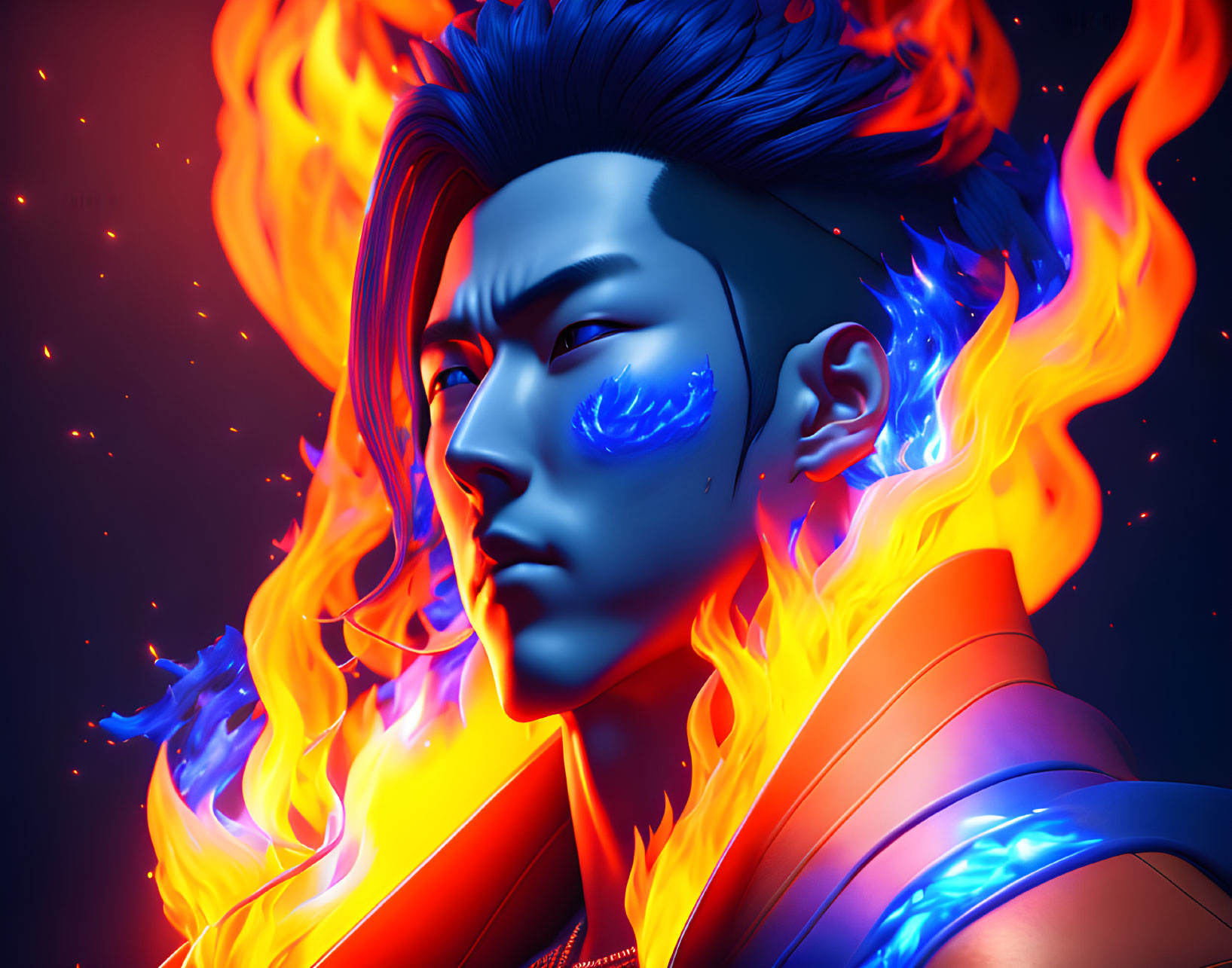 Digital artwork: Blue-skinned person with fiery hair and tattoos on dark background